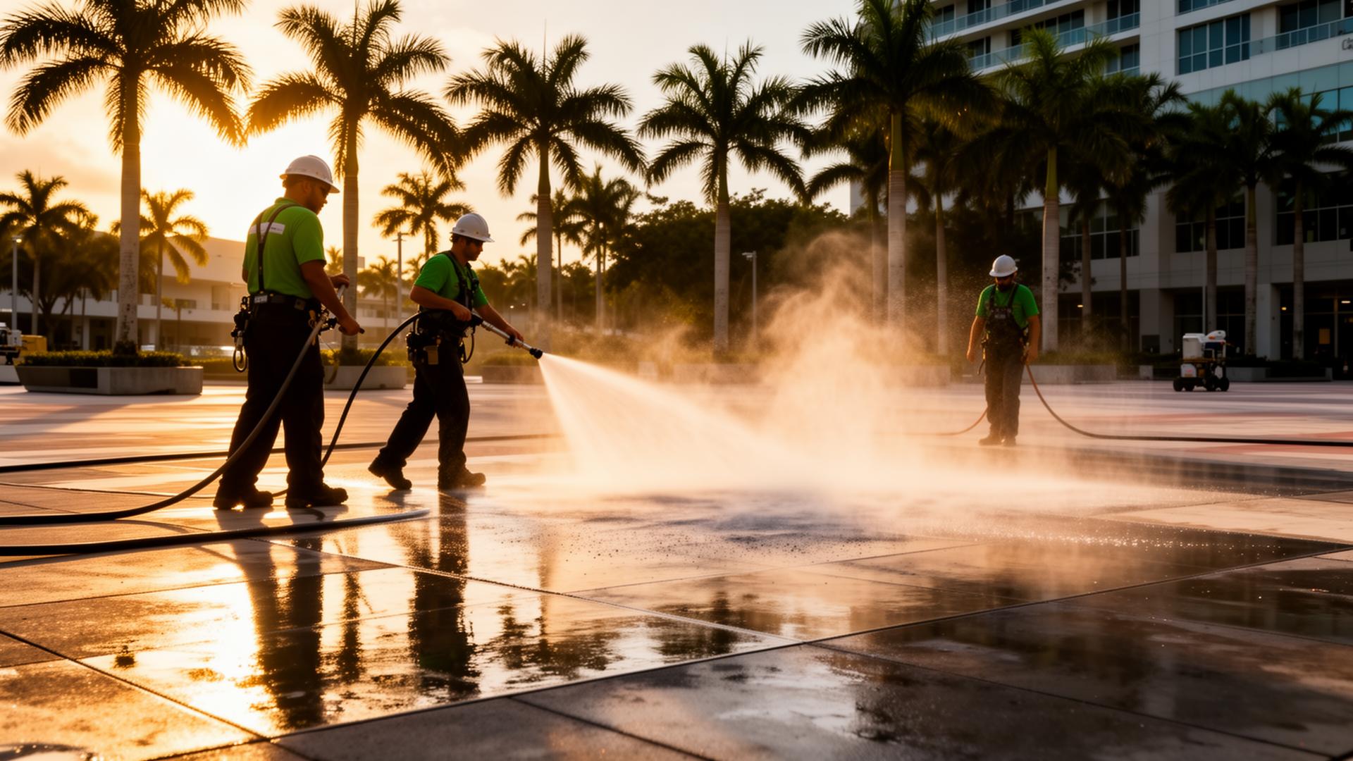 Commercial pressure washing crew cleaning a Miami plaza at sunset